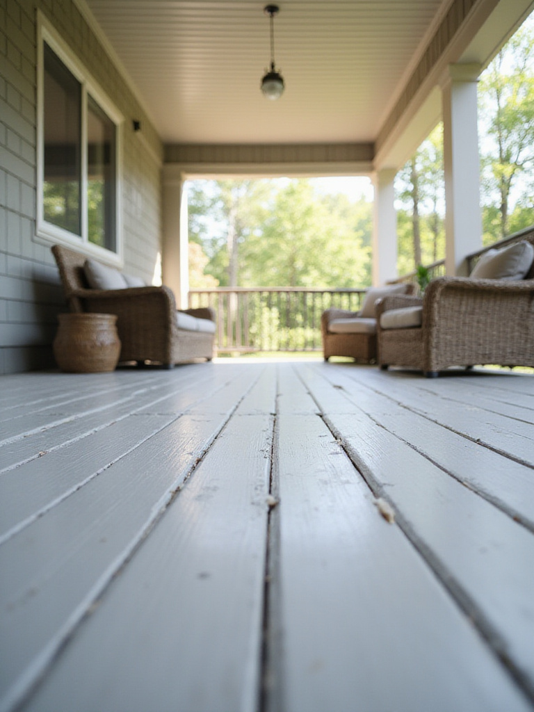 Covered porch with soft gray matte painted wooden floor and wicker furniture.