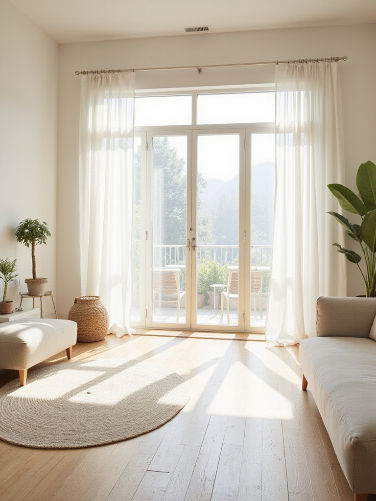 Bright living room filled with natural light from large windows and a strategically placed mirror.