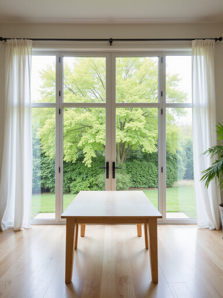 Modern dining room with large windows and sheer curtains, maximizing natural light.