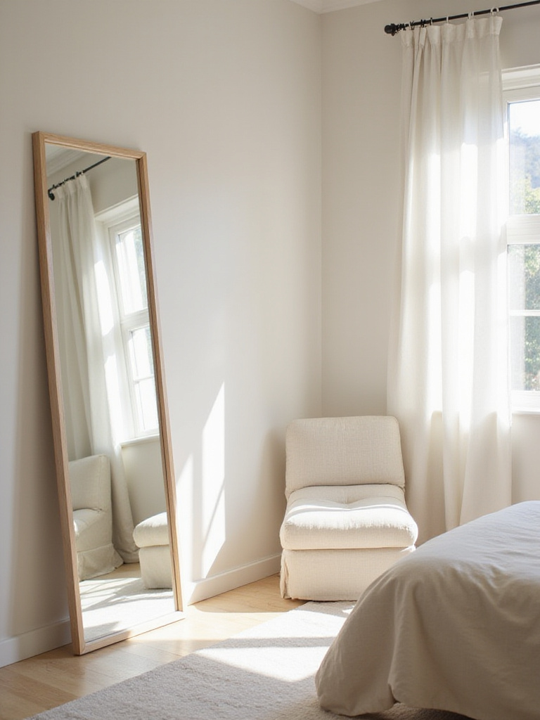 Bright bedroom with a full-length mirror reflecting natural light and creating the illusion of more space.