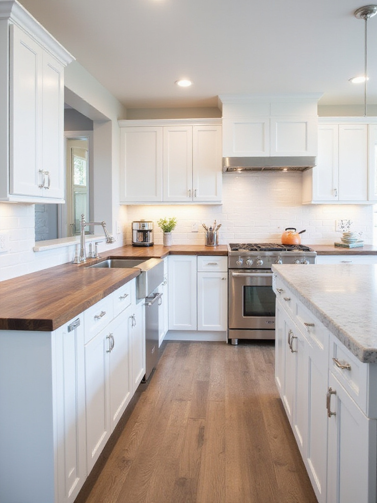 White kitchen with quartz island countertop and butcher block perimeter countertops