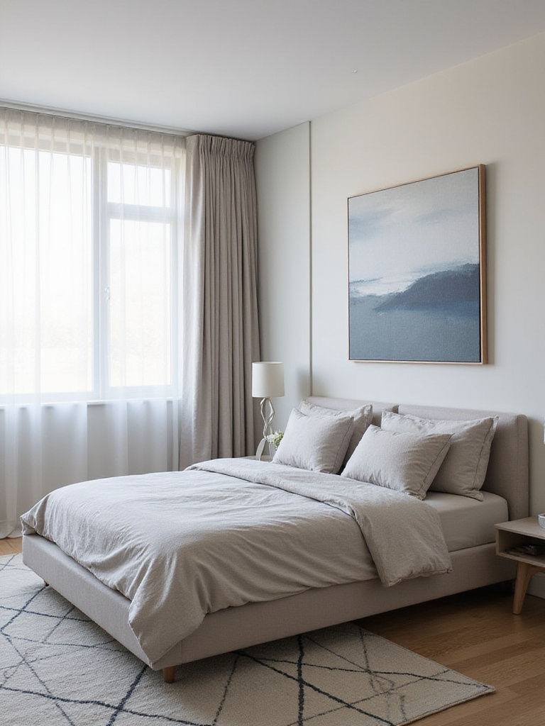 Modern bedroom with platform bed, geometric rug, and abstract art.