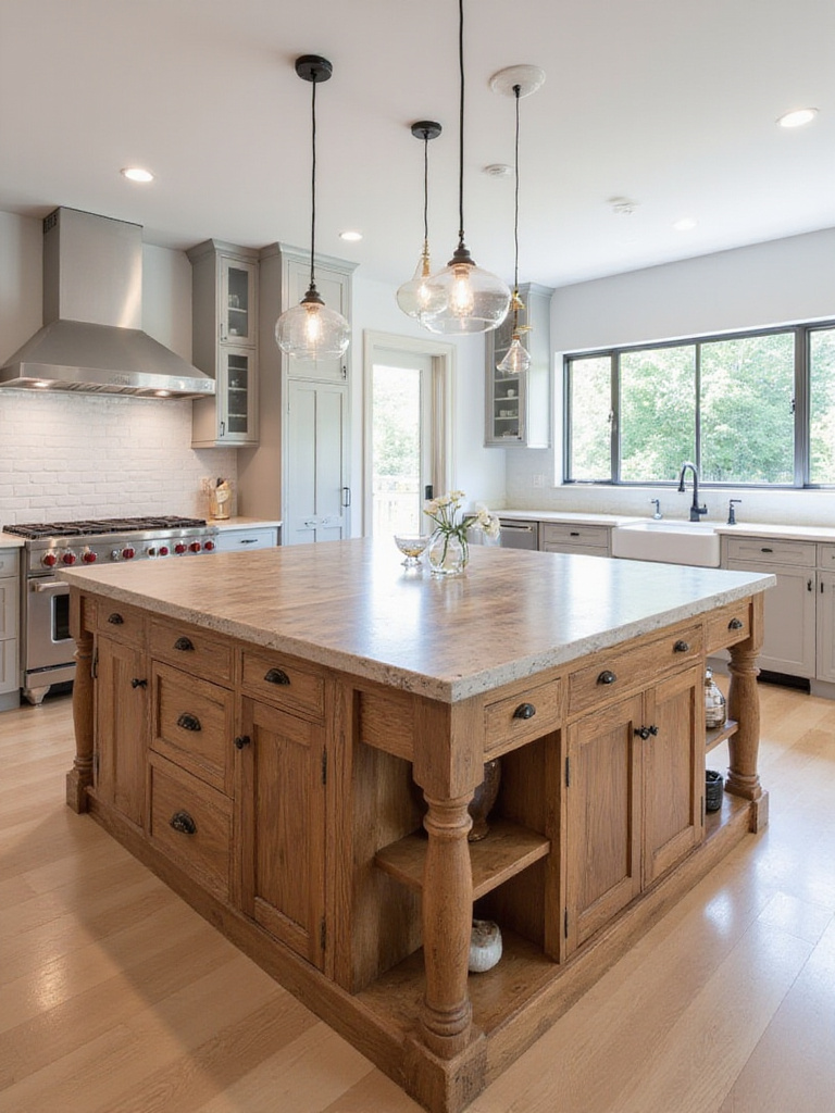Large wood kitchen island with ample storage and seating in a spacious modern kitchen.