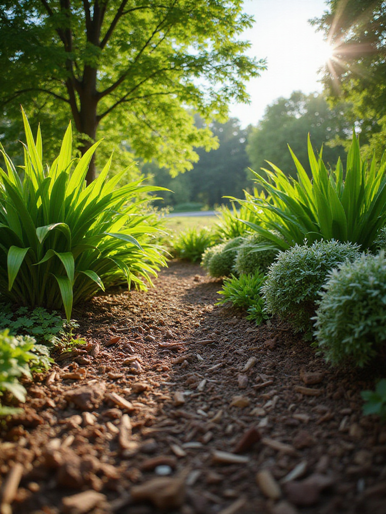 Garden bed with plants and dark brown wood chip mulch enhancing appearance and suppressing weeds