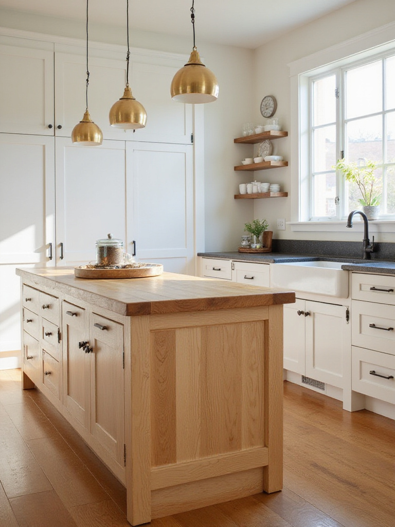 Stained wood kitchen island showcasing natural wood grain in a modern farmhouse kitchen.