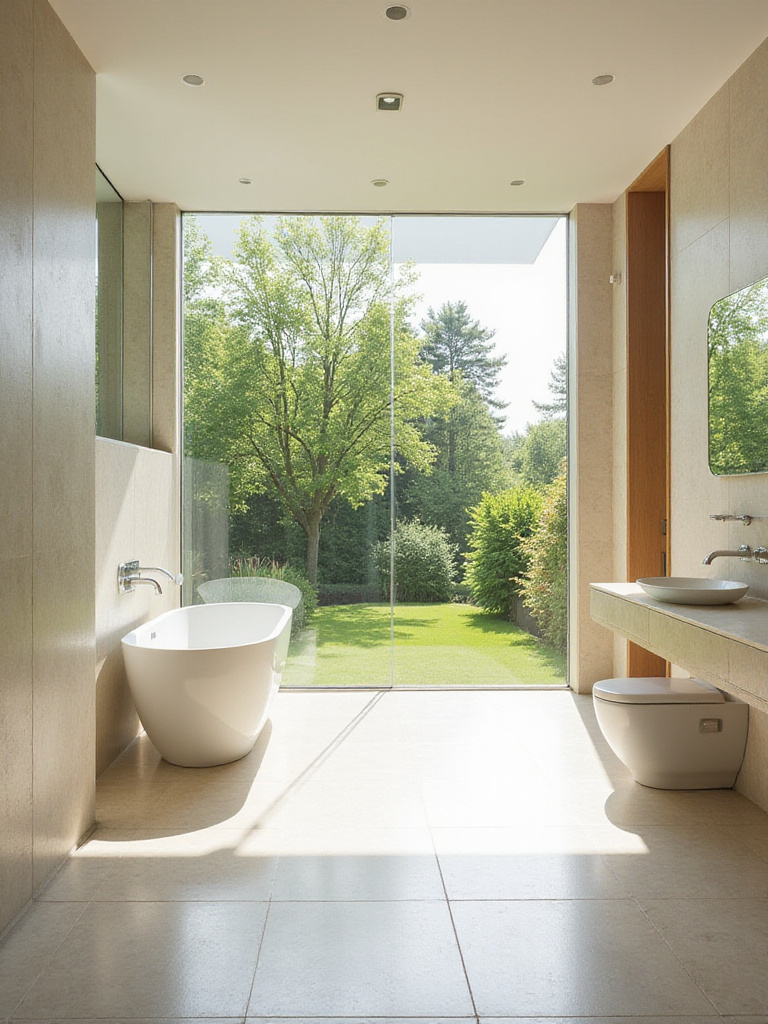 Modern bathroom bathed in natural sunlight with large window
