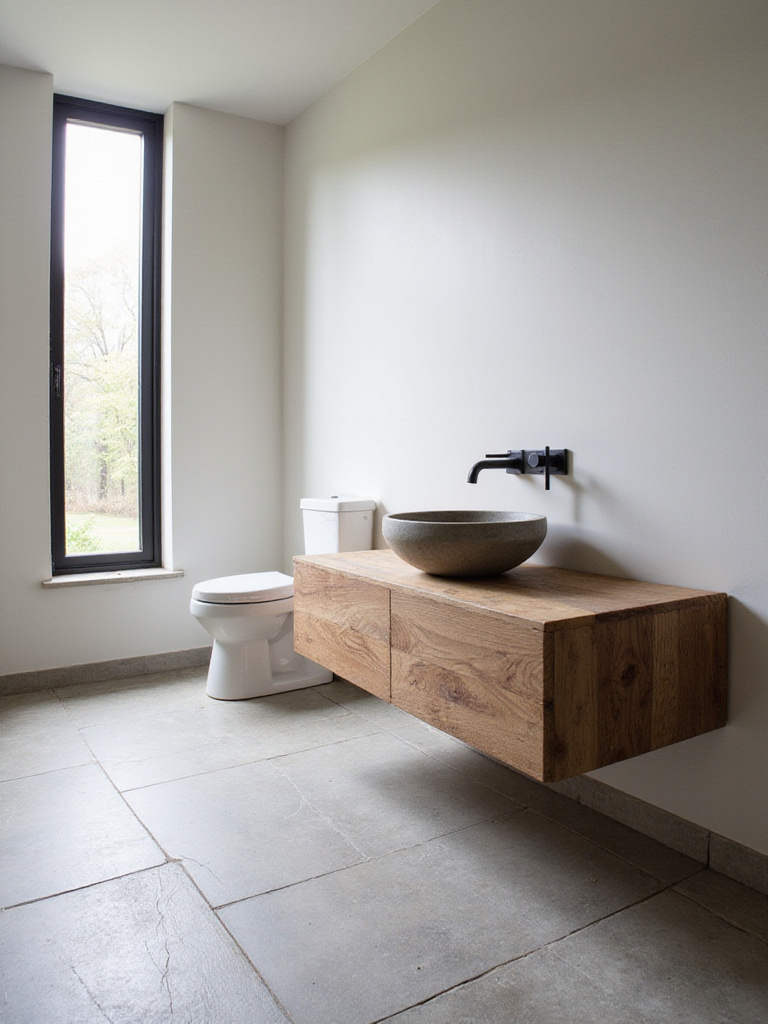 Modern bathroom with reclaimed wood vanity, stone tile, and concrete sink, emphasizing natural materials