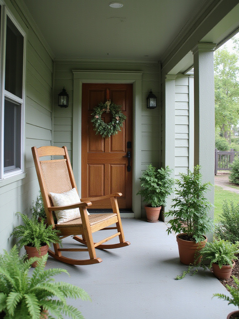 Sage green porch with rocking chair and potted plants.