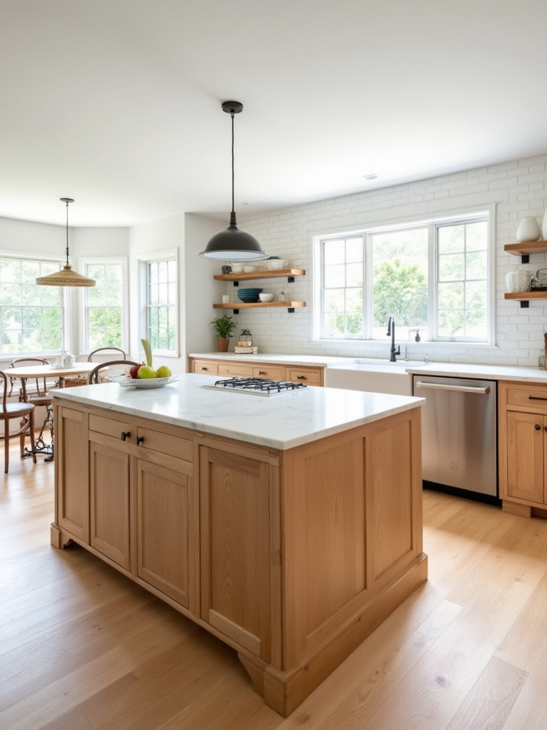 Natural oak wood kitchen island with white marble countertop in a modern farmhouse kitchen.
