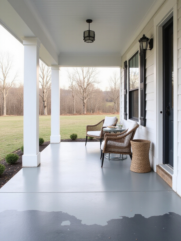 Modern porch with an ombre painted concrete floor fading from light gray to charcoal gray