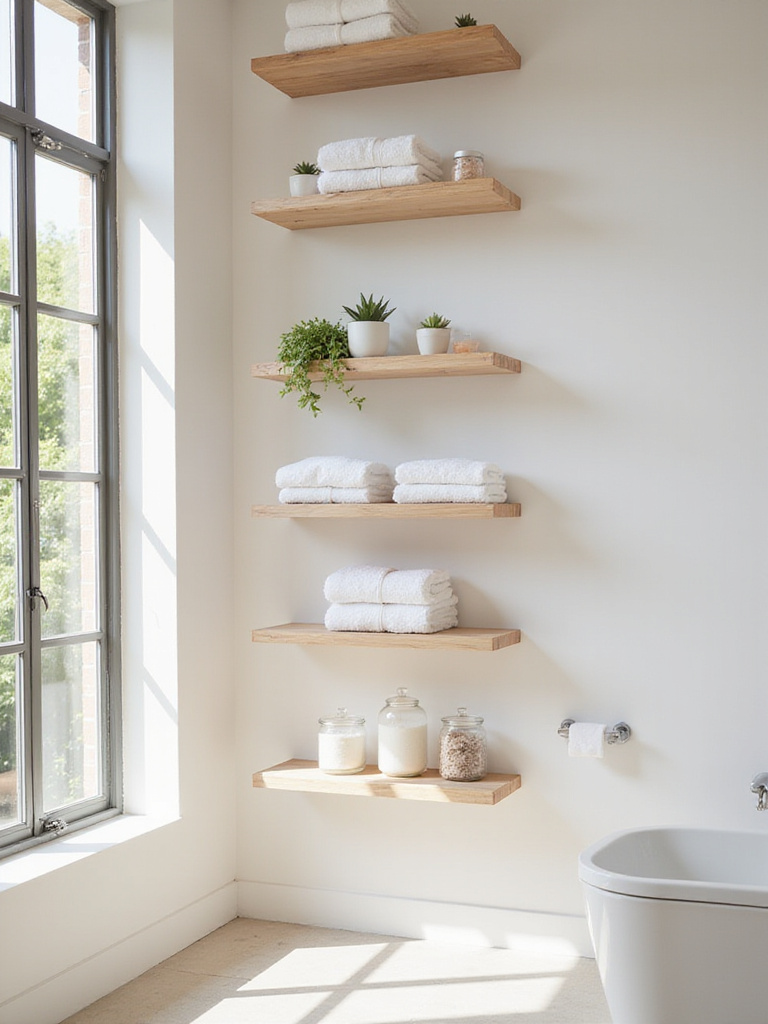 Modern bathroom with light wood open shelving displaying neatly folded towels, plants, and bath salts.