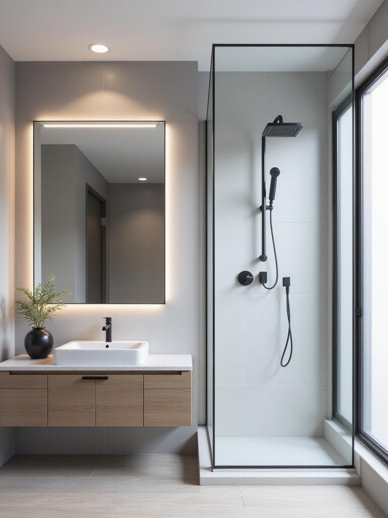 Modern bathroom with matte black fixtures, grey tile, and wood-look flooring.