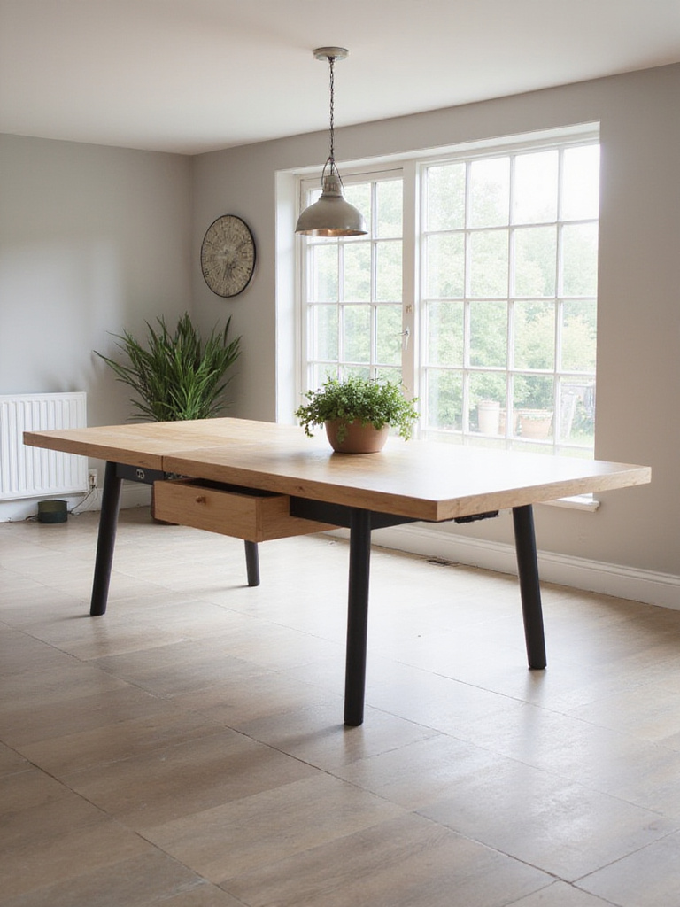 Modern dining room with light wood extendable dining table