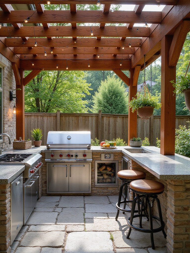Luxurious outdoor kitchen with stainless steel grill and granite countertops under a wooden pergola.