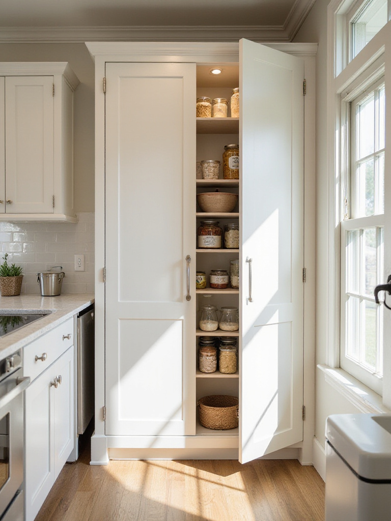 Modern kitchen with a freestanding pantry cabinet providing organized food storage.