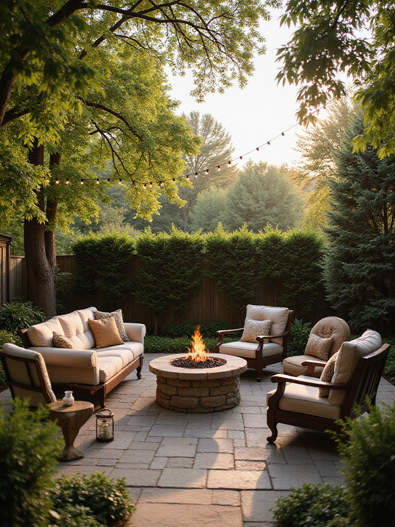 Relaxing patio design with comfortable seating, fire pit, and lush landscaping.