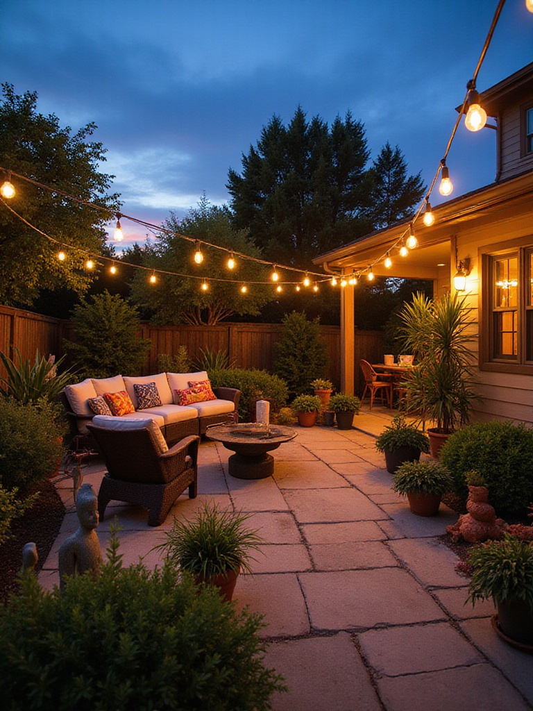 Personalized backyard patio with string lights, decorative plants, and comfortable seating.