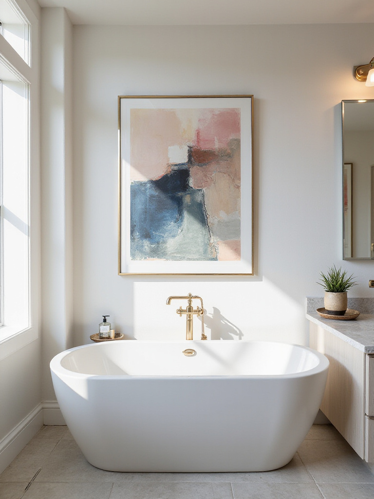 Contemporary bathroom with abstract art above bathtub and decorative accents on vanity.