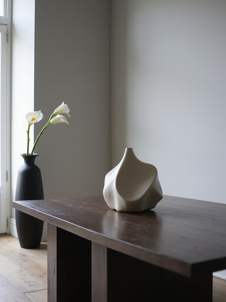 Modern dining room with abstract sculpture centerpiece and tall floor vase.