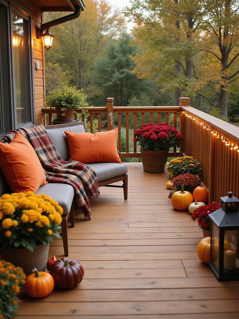 Outdoor deck decorated for autumn with orange and red pillows, plaid throws, pumpkins, mums, and warm string lights.