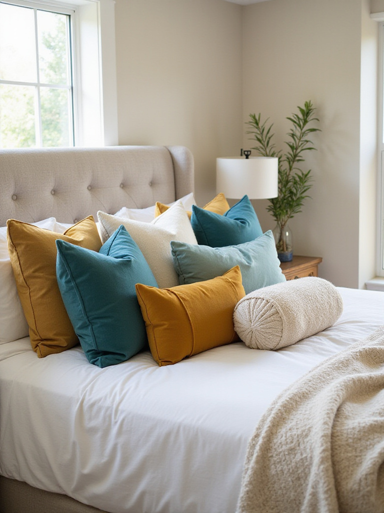Bedroom with neutral bedding and decorative throw pillows in teal, mustard yellow, and cream.