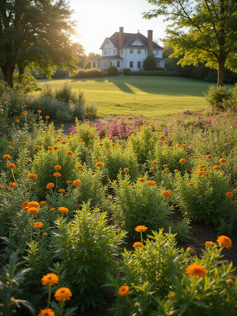 Thriving garden with diverse flowers and shrubs suited to the local climate.