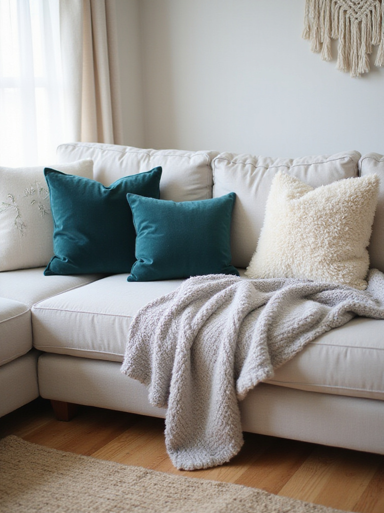 Living room with textured throw pillows, blanket, rug, and wall hanging.