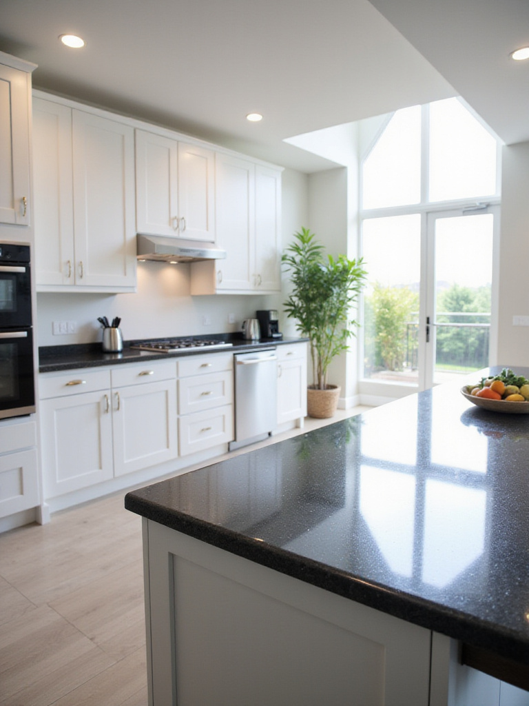 High-gloss black granite countertop reflecting light in a modern white kitchen