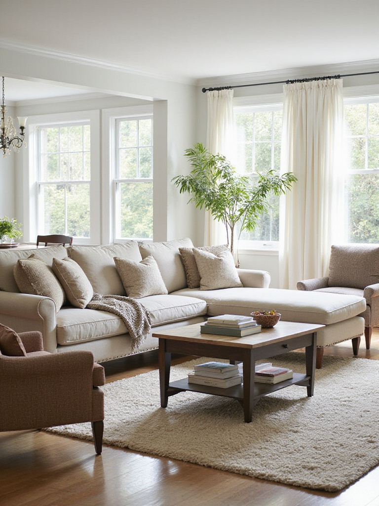 Comfortable and inviting living room seating area with a large sectional sofa, armchairs, and plush rug.