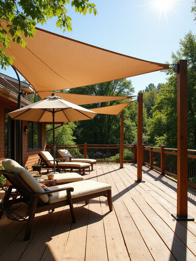 A wooden deck featuring a large cantilever patio umbrella shading a lounge area and overlapping triangular shade sails providing coverage over a dining space, surrounded by greenery.