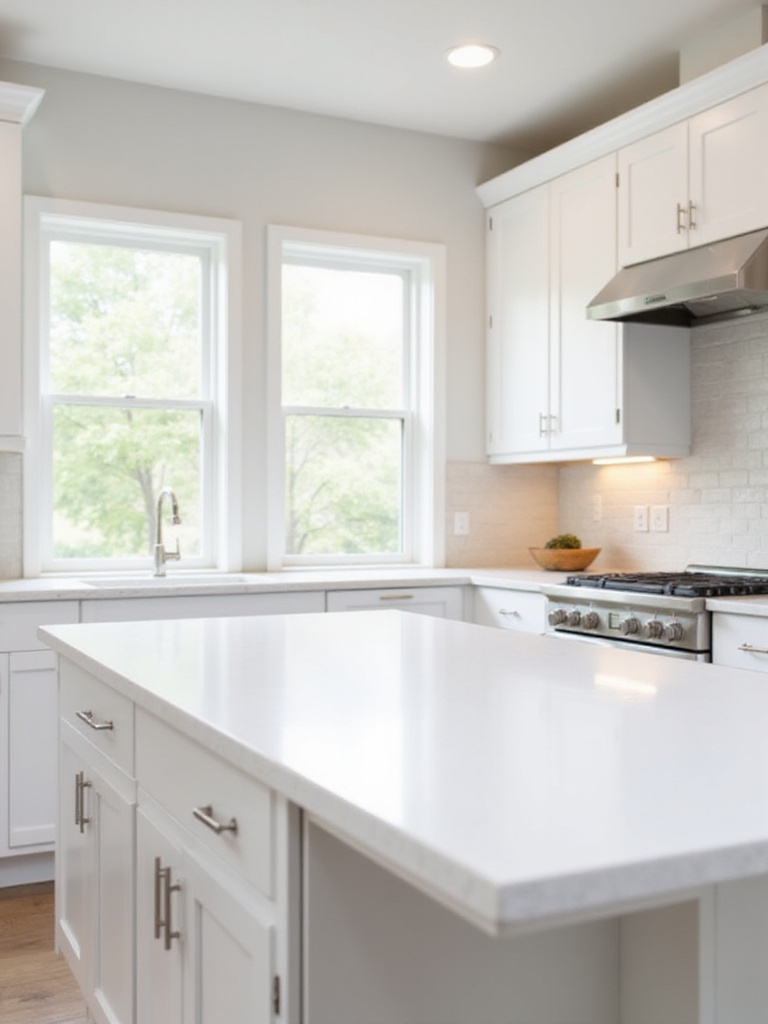 Modern white kitchen with seamless pure white solid surface countertops and white shaker cabinets