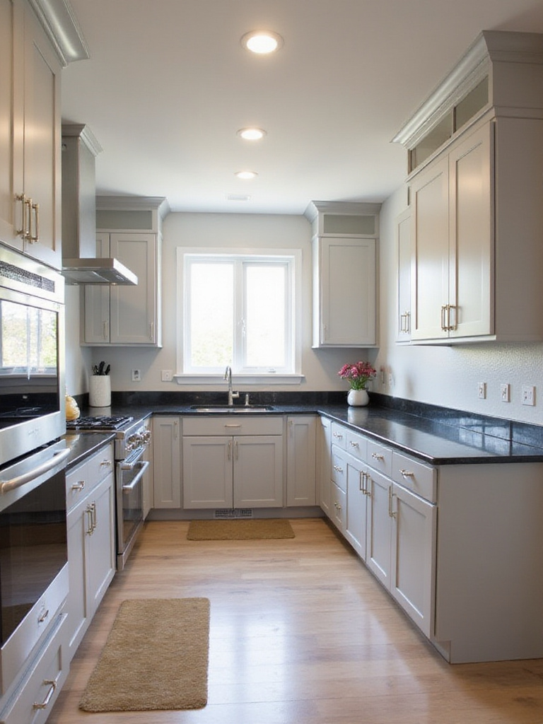 Modern kitchen featuring newly refaced cabinets in a light neutral color.