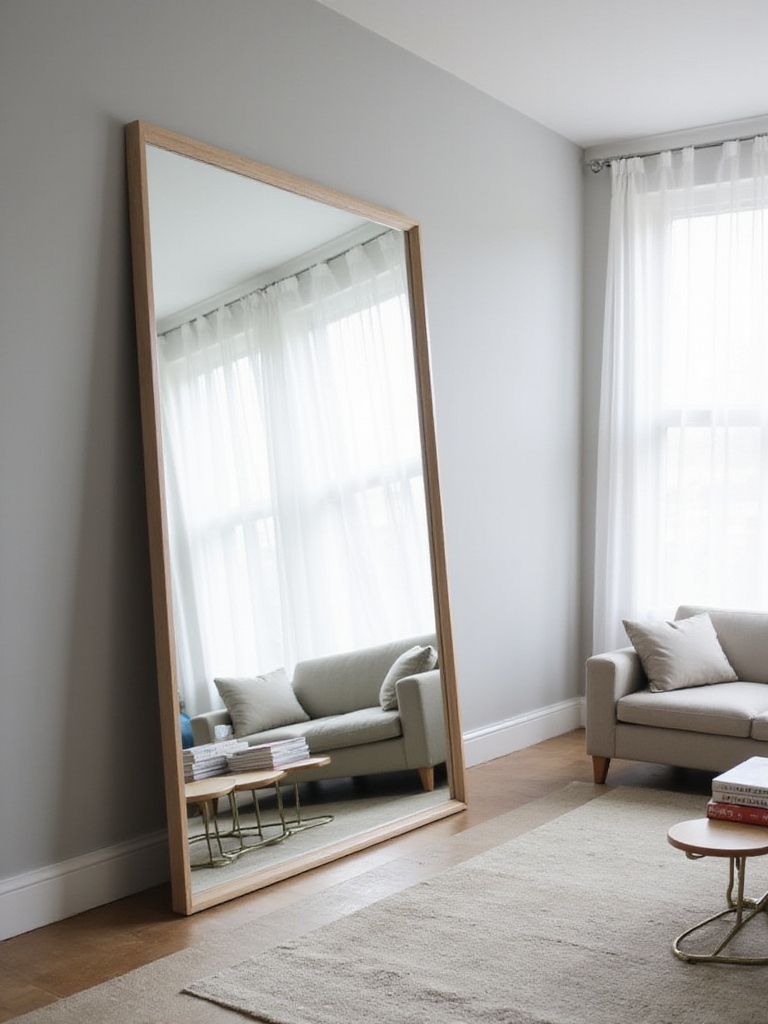 Bright living room with oversized mirror reflecting natural light and creating a sense of spaciousness.
