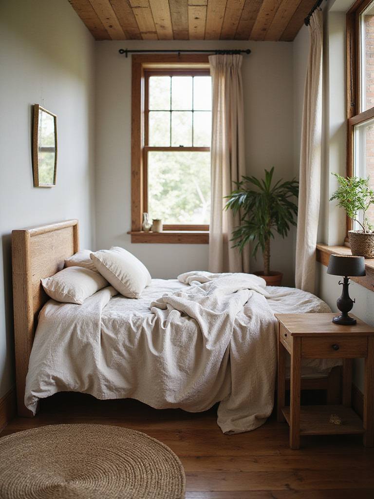Rustic bedroom with wooden headboard, linen bedding, and natural light.