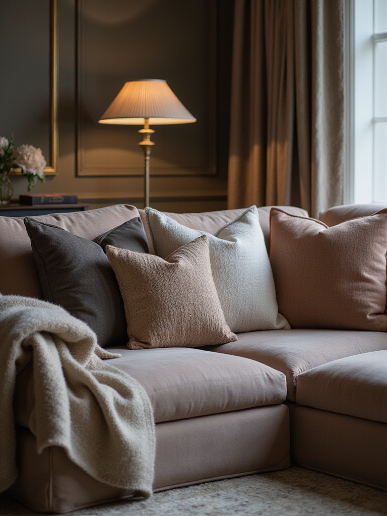 Luxury living room with velvet sofa, designer cushions, and cashmere throw