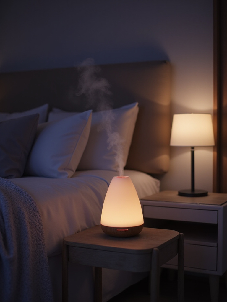 Bedroom interior featuring aromatherapy diffuser for relaxation and sleep.