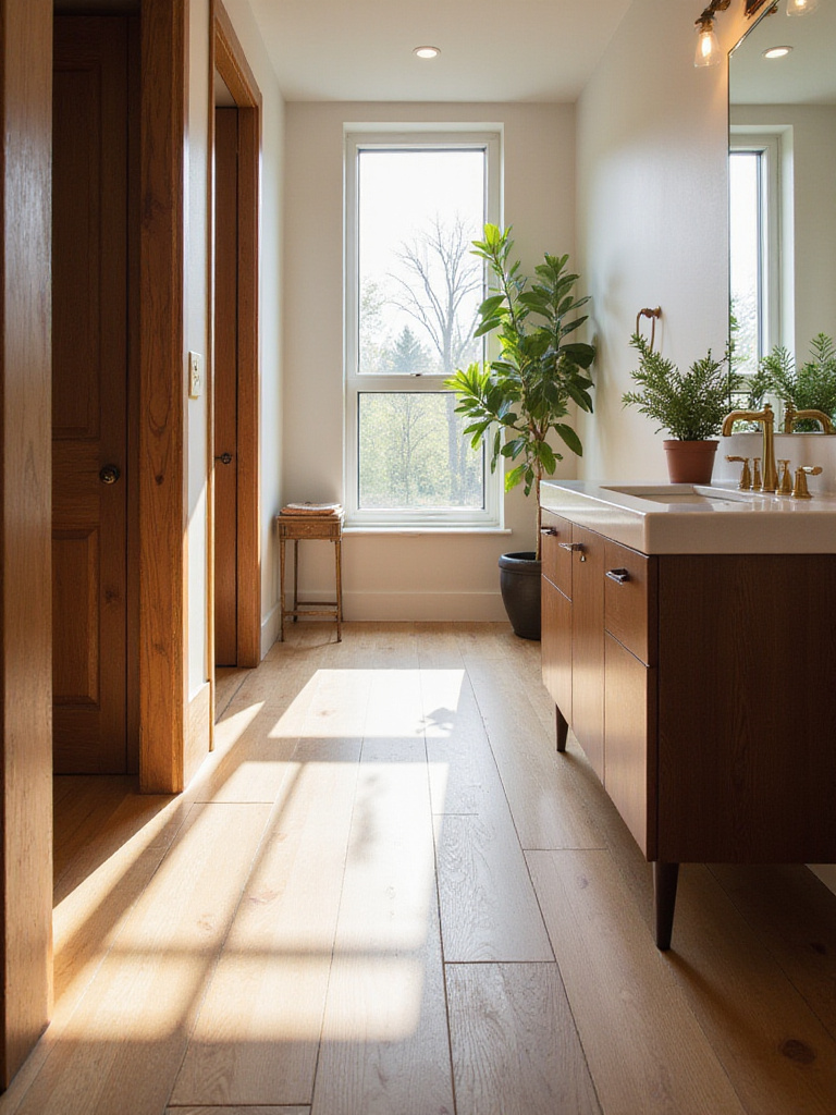 Modern bathroom with seamless transition to hallway, featuring matching wood flooring and brass fixtures.