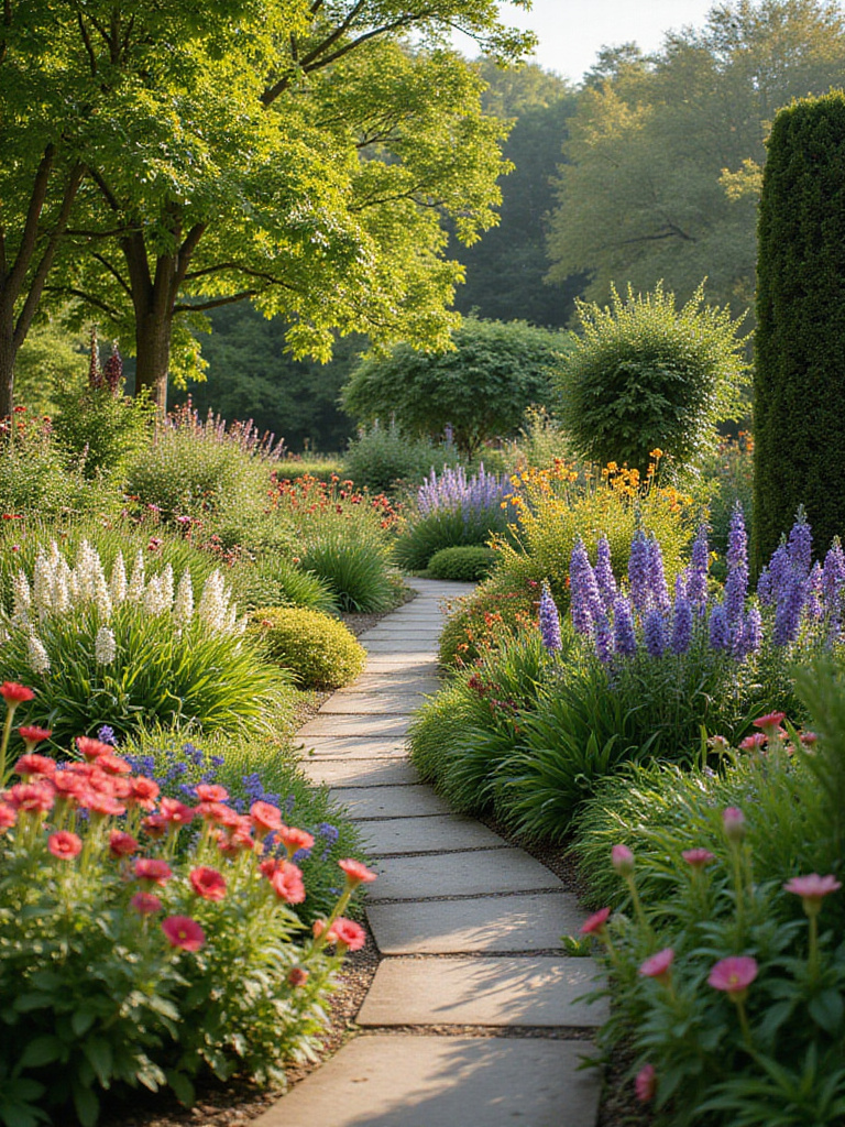 Lush garden with diverse plants blooming in different seasons, showcasing year-round color and texture.