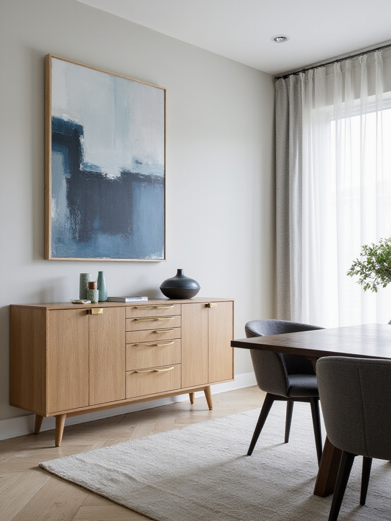 Modern dining room with light oak sideboard and abstract art.