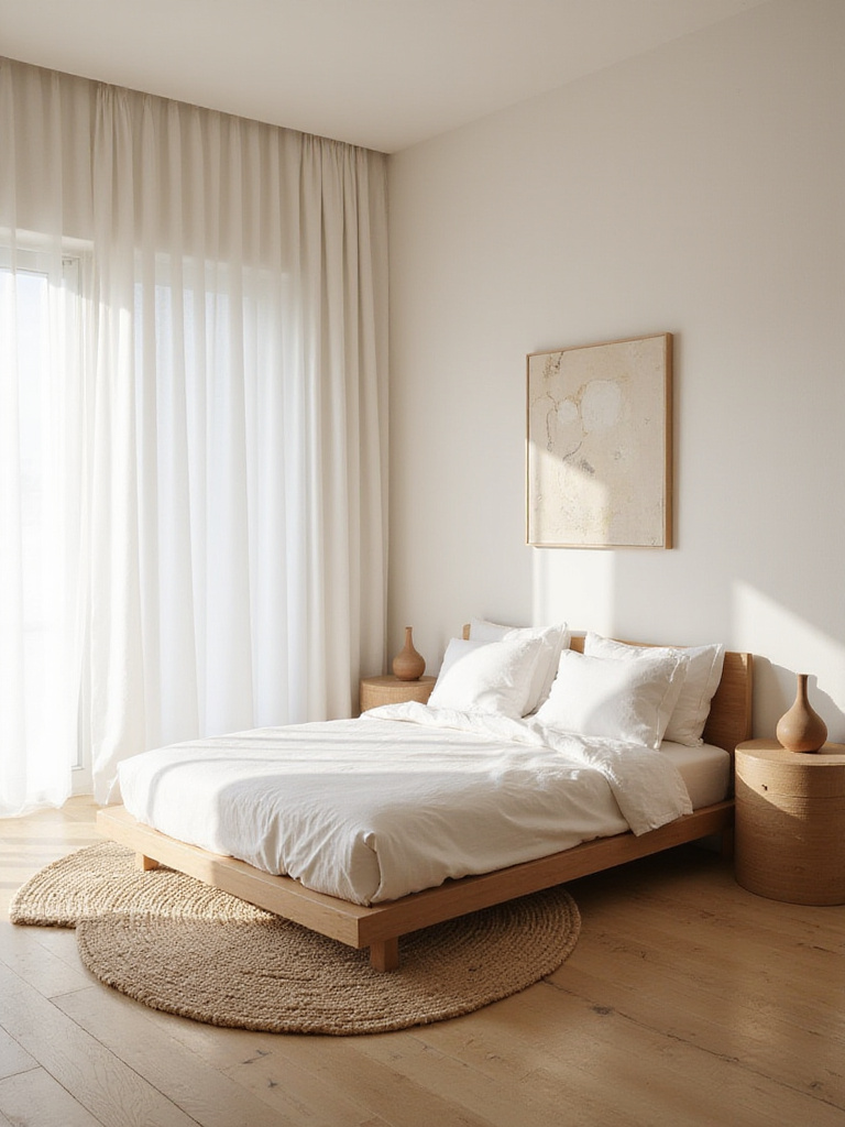 Minimalist bedroom with white linen bedding and natural light
