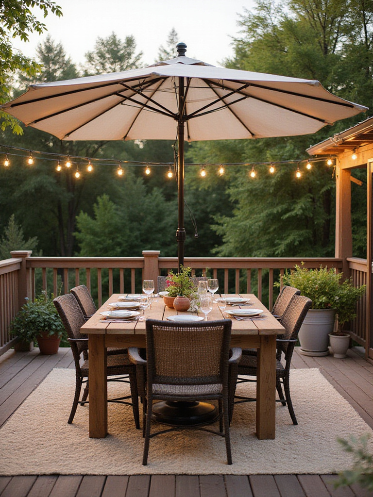 A functional outdoor dining area on a wooden deck, featuring a dining table and chairs shaded by a large umbrella, decorated with plants and an outdoor rug.