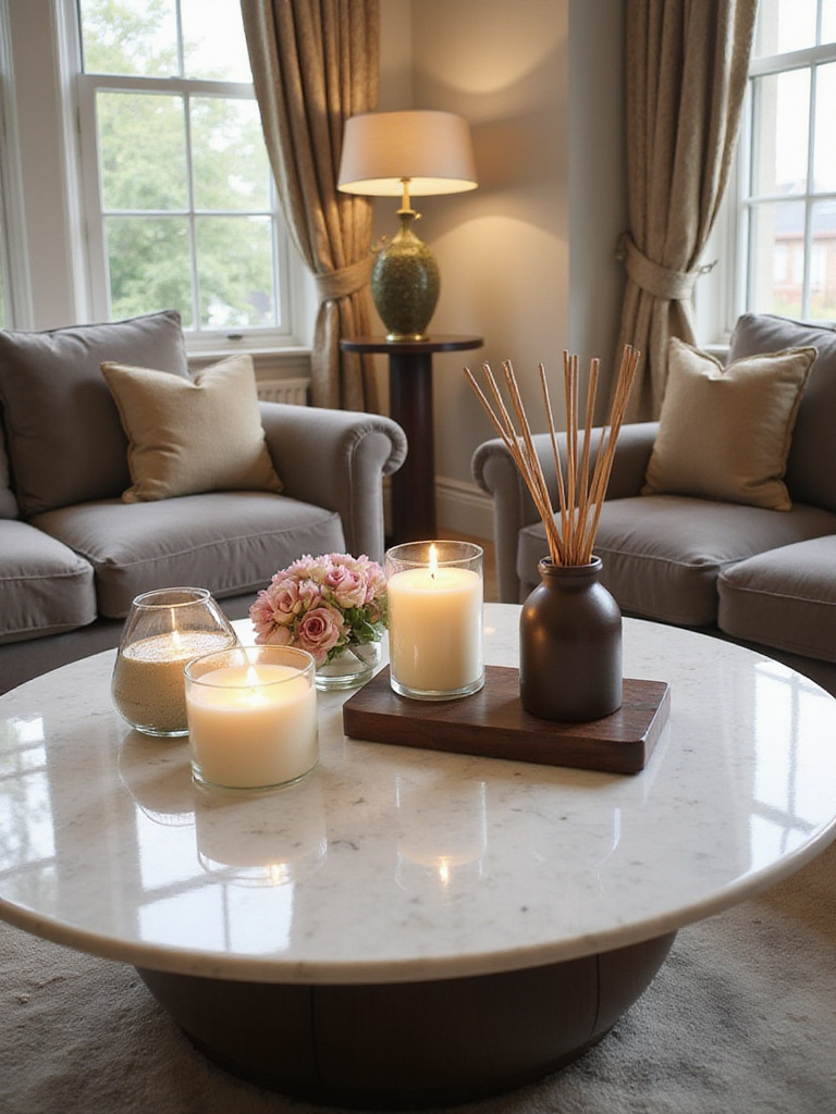 Luxury living room decor featuring scented candles and a reed diffuser on a marble coffee table, creating an aromatic ambiance.