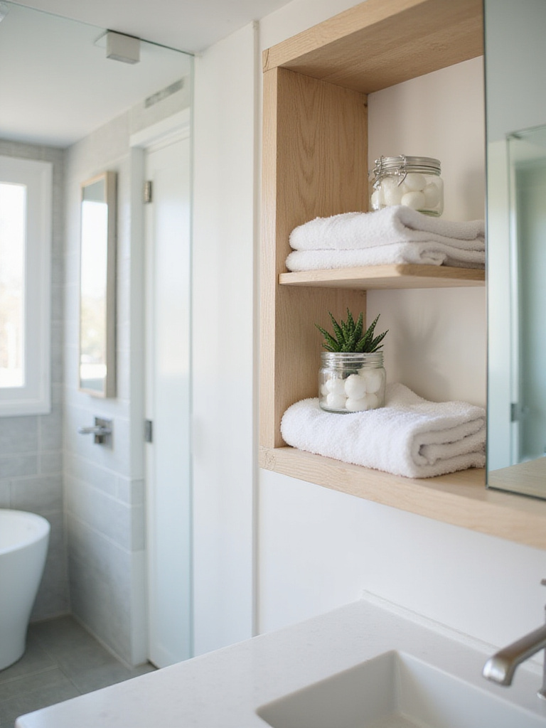 Contemporary bathroom with light wood open shelving displaying towels and toiletries