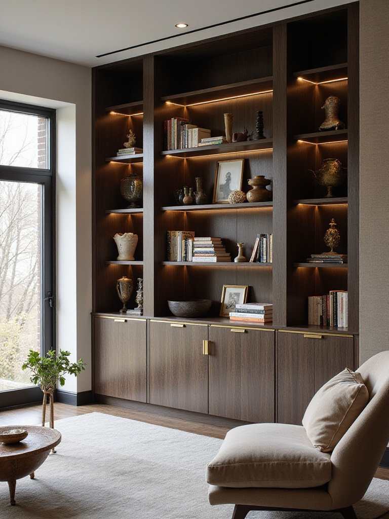 Luxury living room with custom built-in shelving displaying art and collectibles.