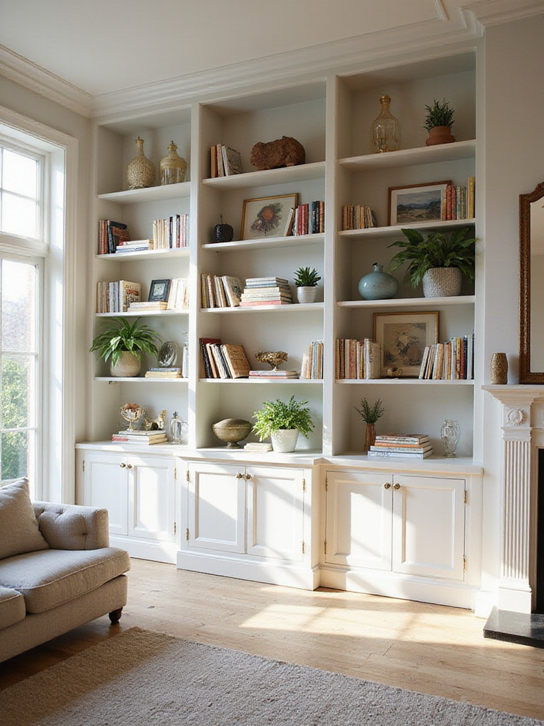 Living room with stylish built-in shelving unit showcasing books, art, and decorative objects.