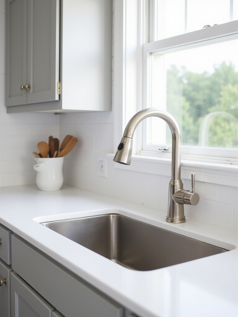 New stainless steel undermount sink and brushed nickel gooseneck faucet complementing light gray kitchen cabinets.