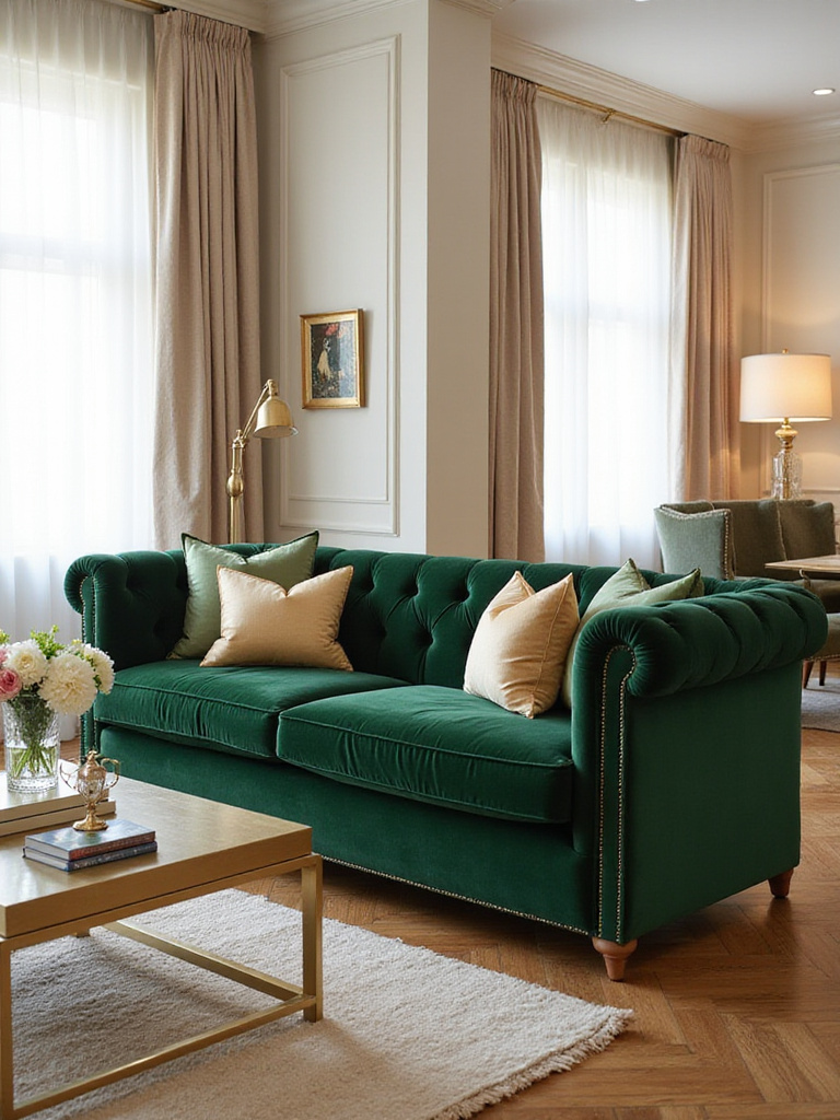 Emerald Green Velvet Chesterfield Sofa in a Luxurious Living Room