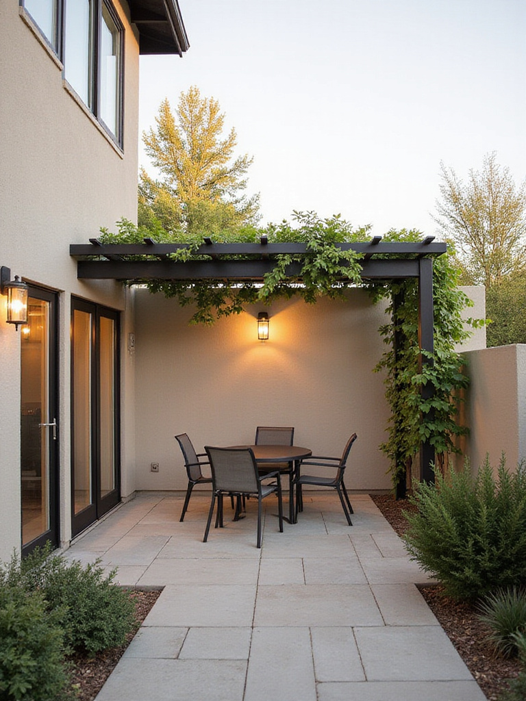 Small patio with wall-mounted aluminum pergola and climbing jasmine.