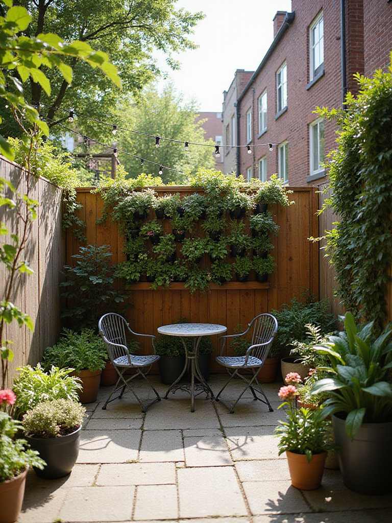 Small backyard with vertical garden, bistro set, and string lights.