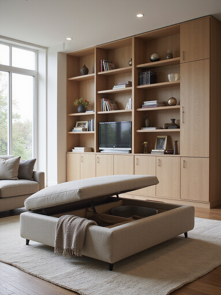 Modern living room with smart storage solutions, including ottoman with hidden compartment and bookshelf with integrated cabinets